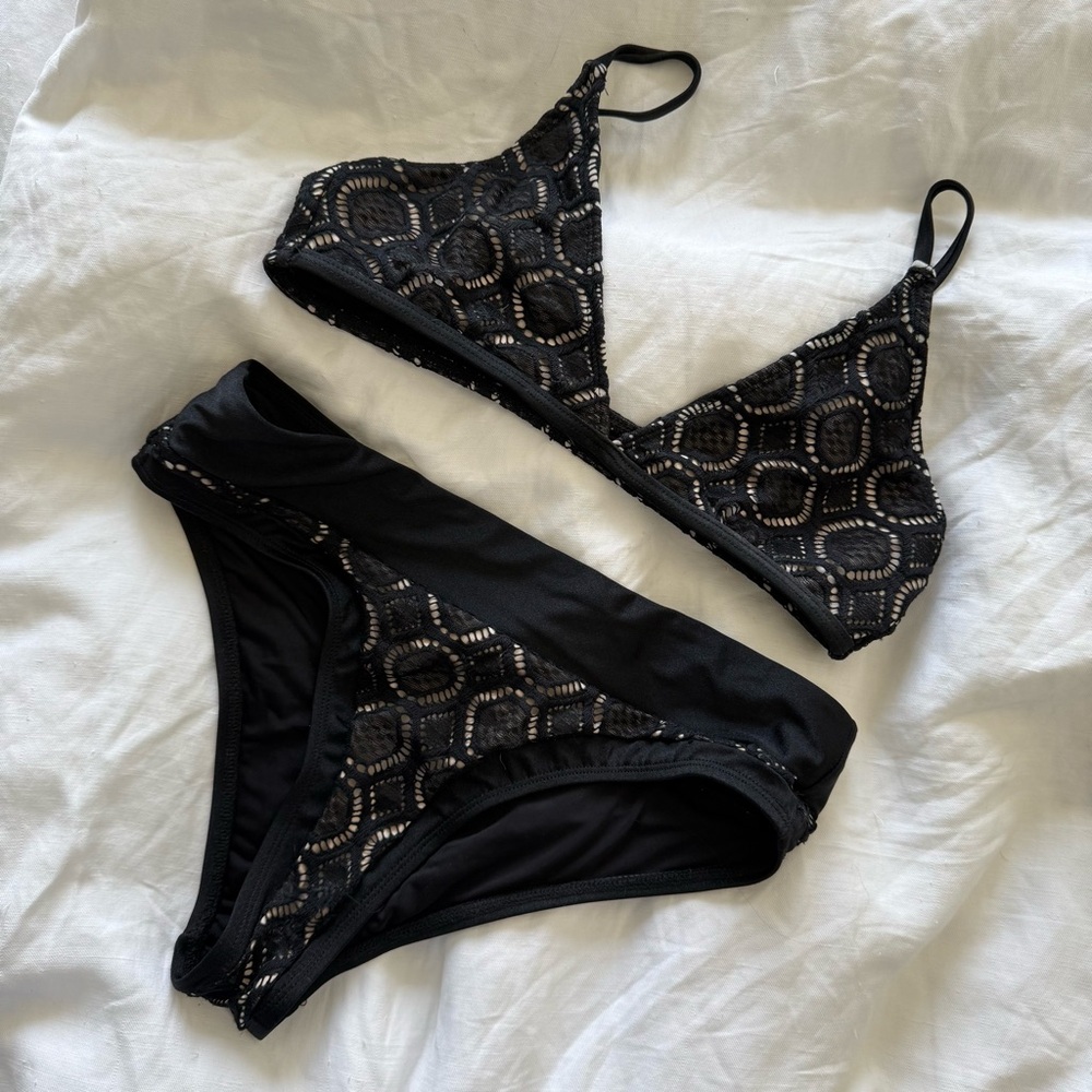 Black Geometric Bikini Set with Metallic Sheen
